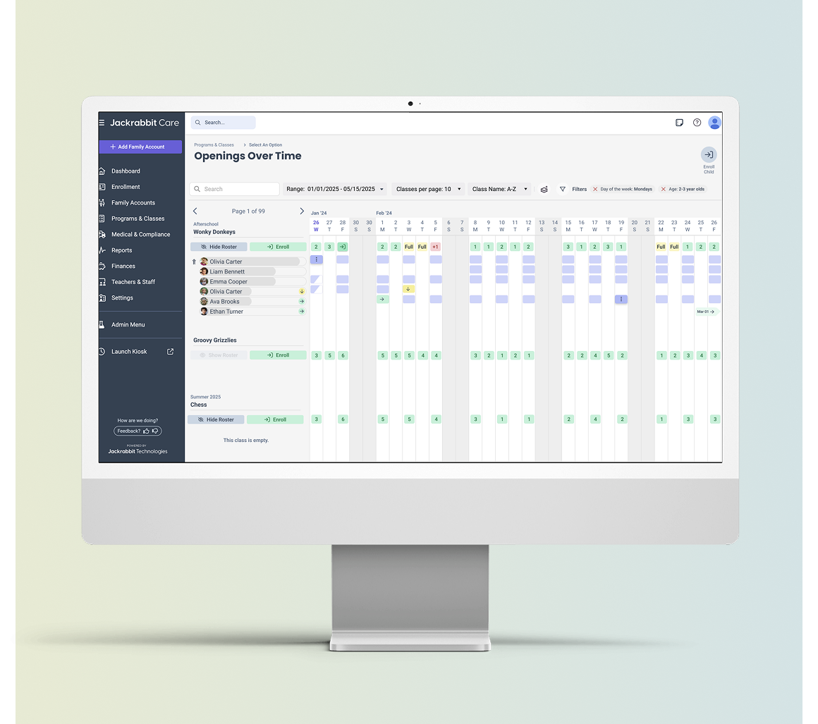 Emblem design for Madame FC depicting an M monogram in a circle with the words "Madame FC EST. 2003" inside on top of a background image of a soccer stadium.
